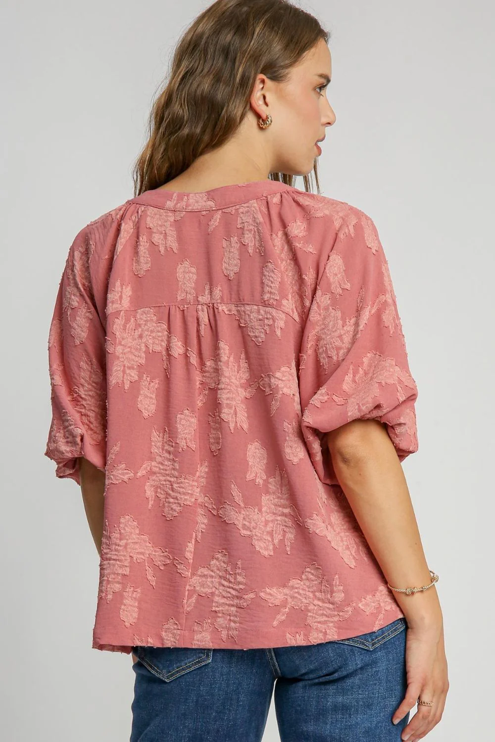 Umgee Full Size Notched Button Detail Half Sleeve Blouse Plus Size - Image 3