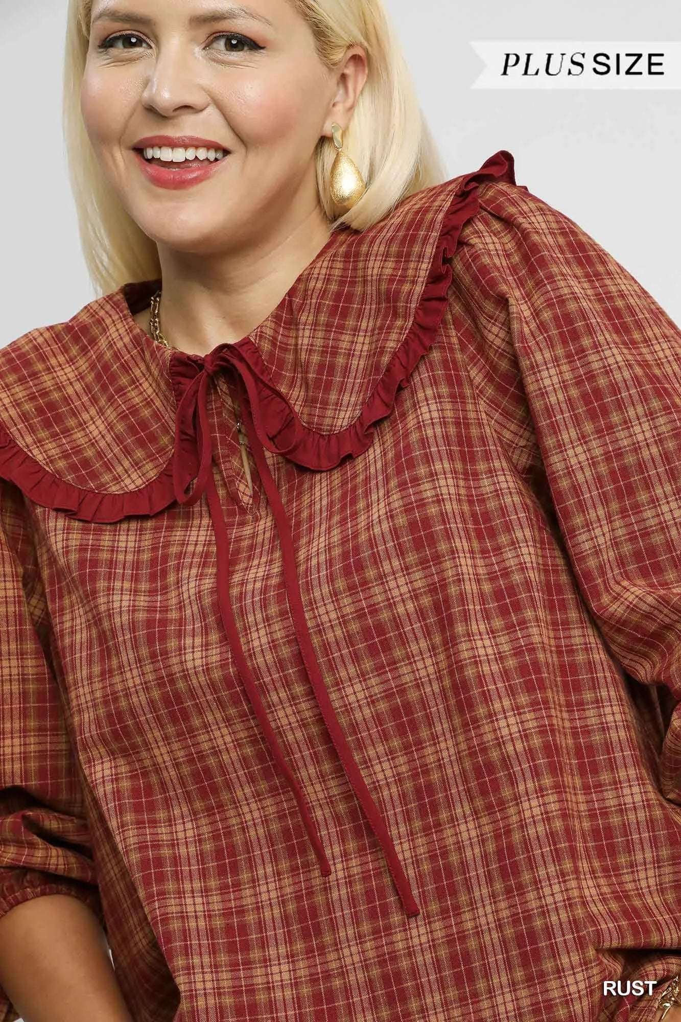 Umgee Full Size Plaid Ruffle Collar Blouse Plus Size - Image 10