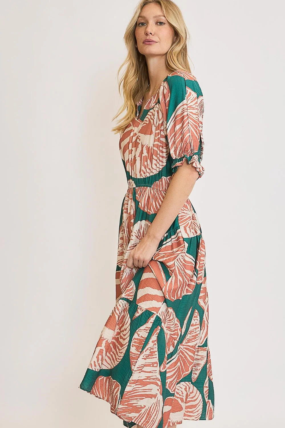 Umgee Full Size Printed Notched Puff Sleeve Midi Dress Plus Size - Image 3
