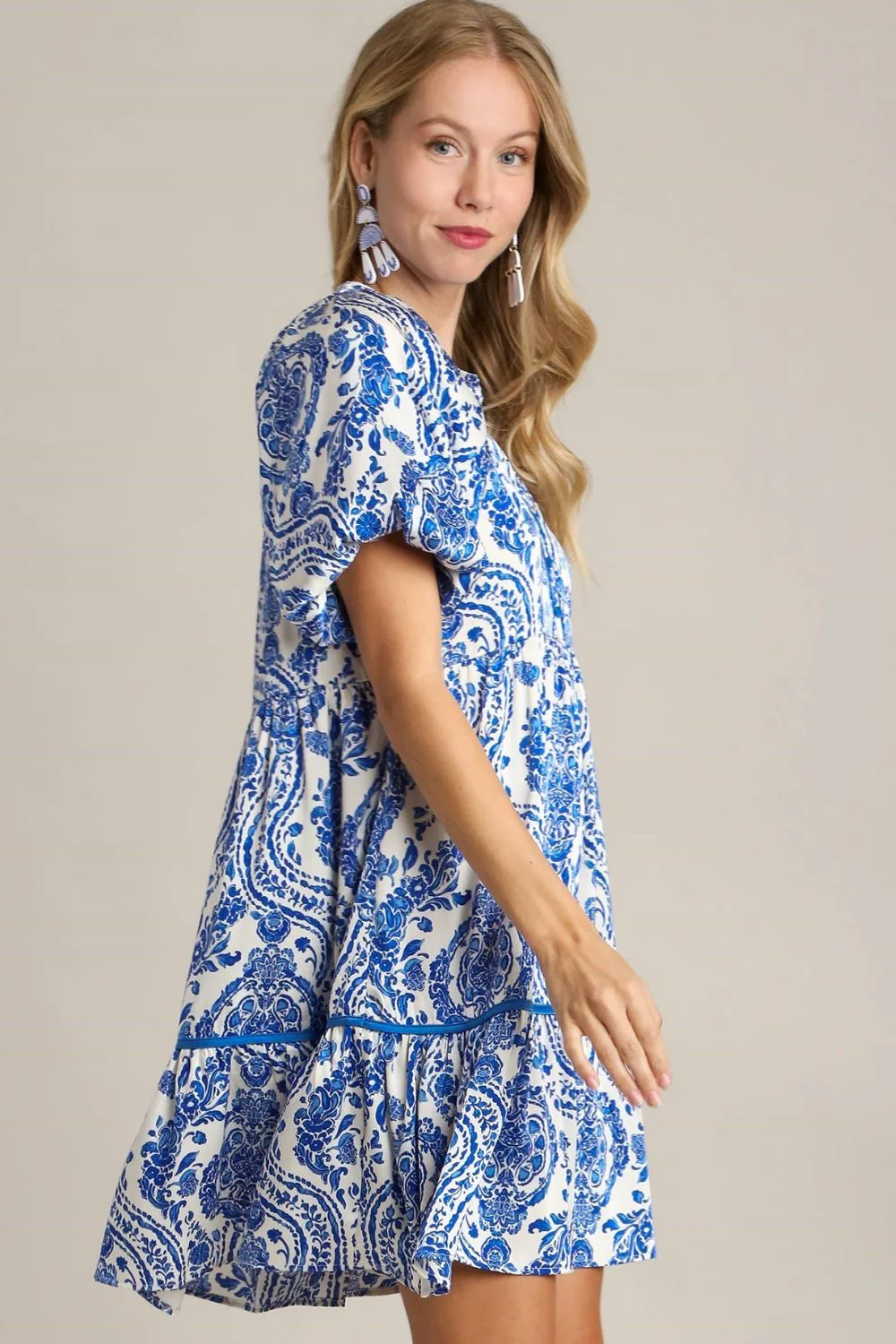 Umgee Full Size Printed Notched Puff Sleeve Mini Dress Plus Size - Image 2