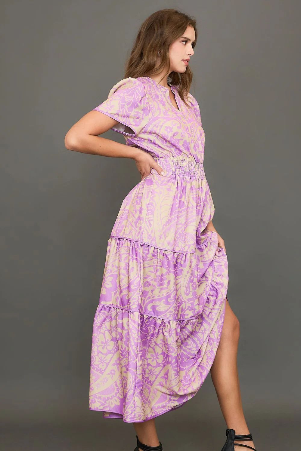 Umgee Full Size Printed Notched Short Sleeve Tiered Dress Plus Size - Image 2