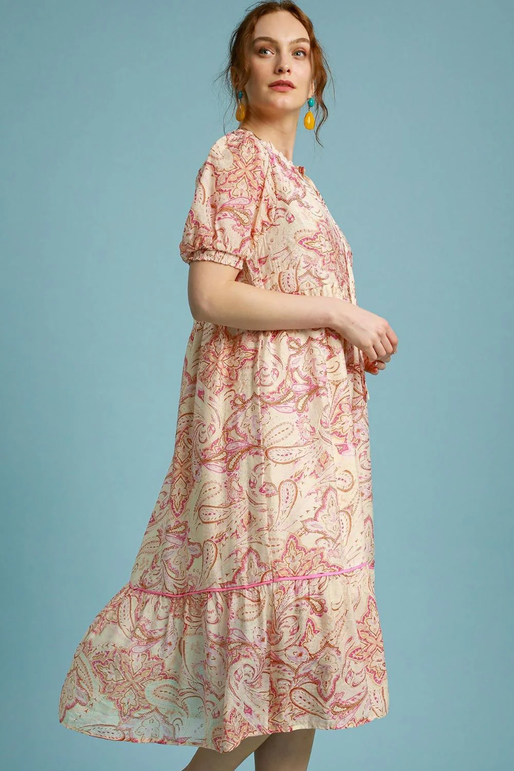 Umgee Full Size Printed Puff Short Sleeve Midi Dress Plus Size - Image 2
