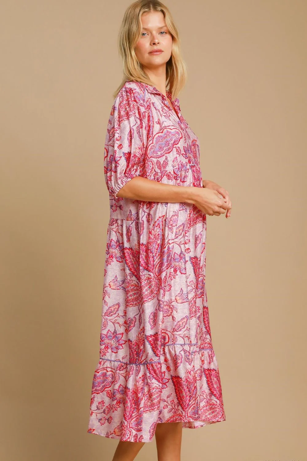 Umgee Full Size Ruffled Hem Floral Paisley Print Half Sleeve Midi Dress Plus Size - Image 2