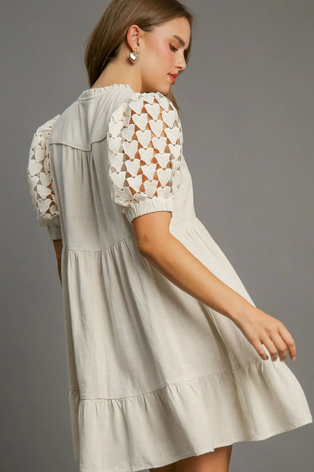 Umgee Full Size Ruffled Hem Heart Lace Sleeve Tie Neck Dress Plus Size - Image 2