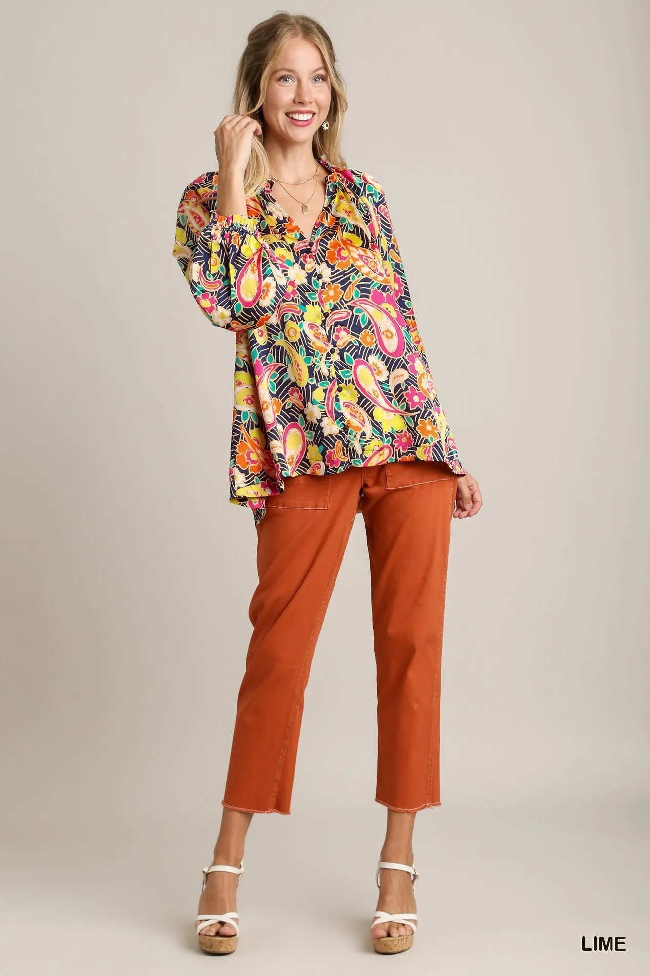 Umgee Full Size Satin Paisley Ruffle Neck Button-Up Shirt Plus Size - Image 2