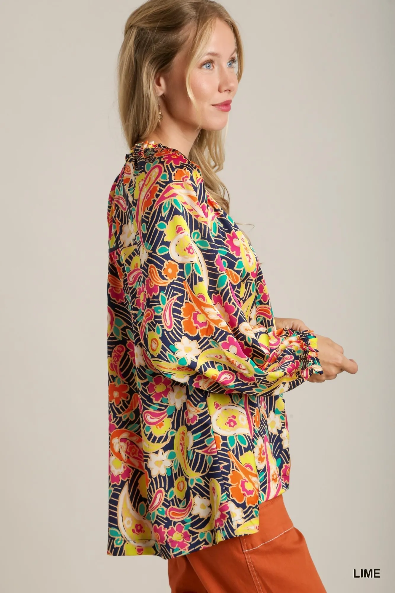 Umgee Full Size Satin Paisley Ruffle Neck Button-Up Shirt Plus Size - Image 3