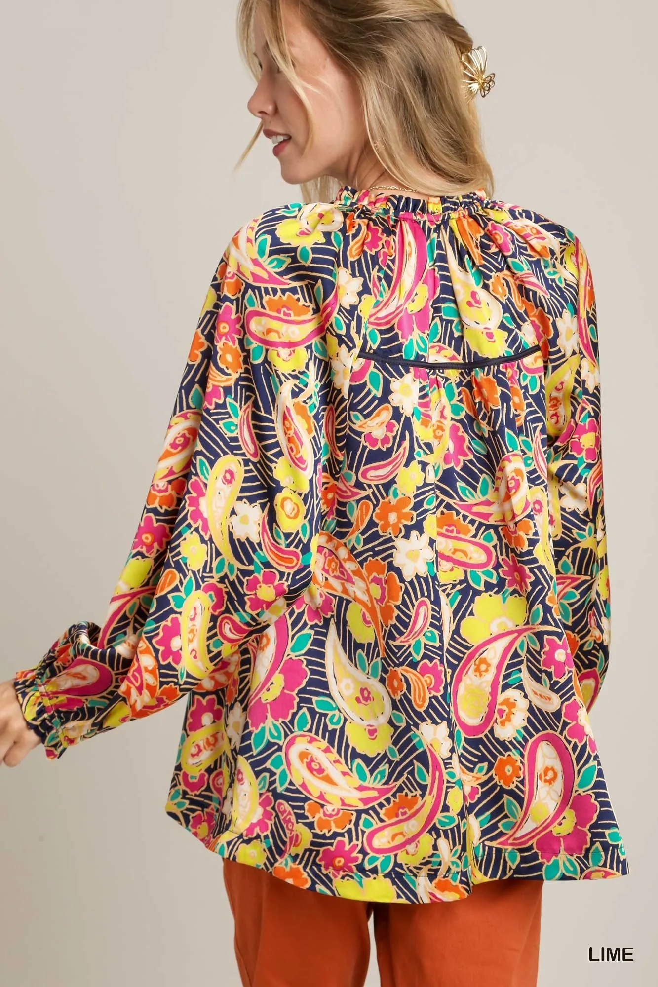 Umgee Full Size Satin Paisley Ruffle Neck Button-Up Shirt Plus Size - Image 4