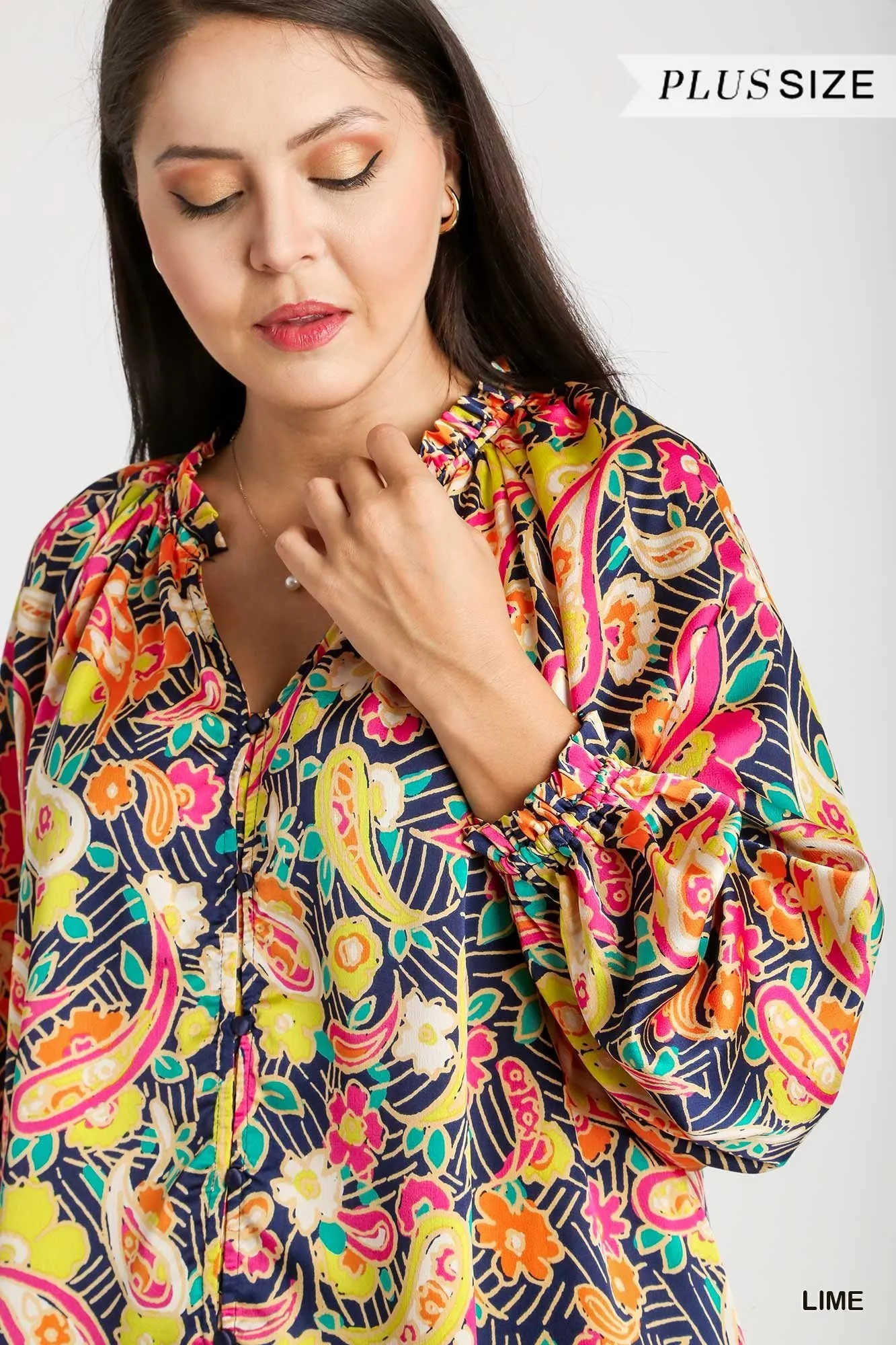 Umgee Full Size Satin Paisley Ruffle Neck Button-Up Shirt Plus Size - Image 5