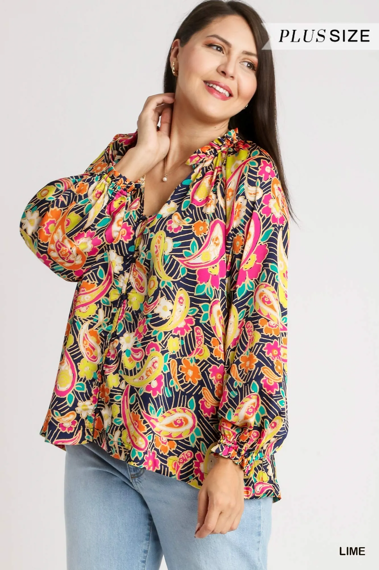 Umgee Full Size Satin Paisley Ruffle Neck Button-Up Shirt Plus Size - Image 6