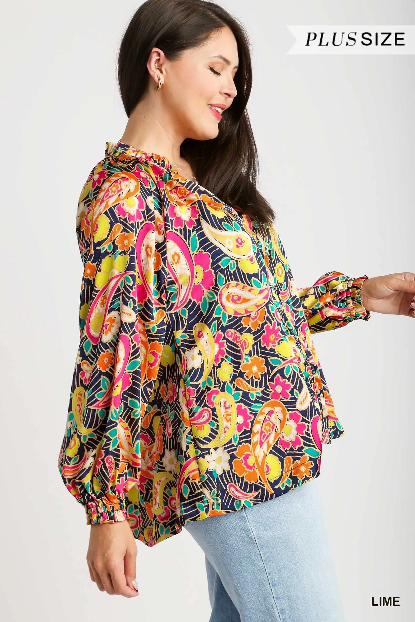Umgee Full Size Satin Paisley Ruffle Neck Button-Up Shirt Plus Size - Image 7