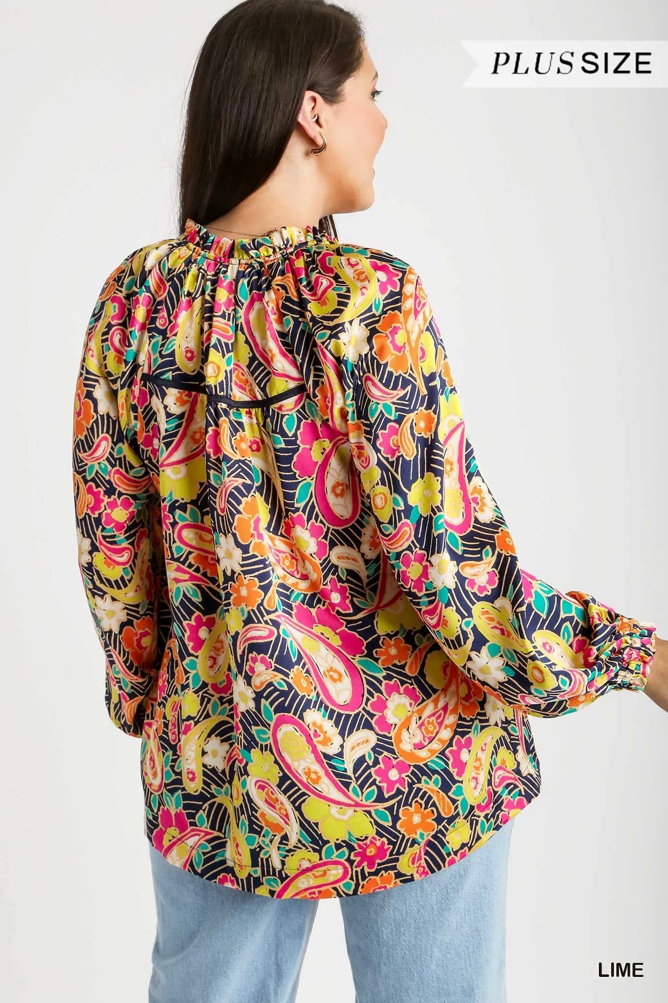 Umgee Full Size Satin Paisley Ruffle Neck Button-Up Shirt Plus Size - Image 8