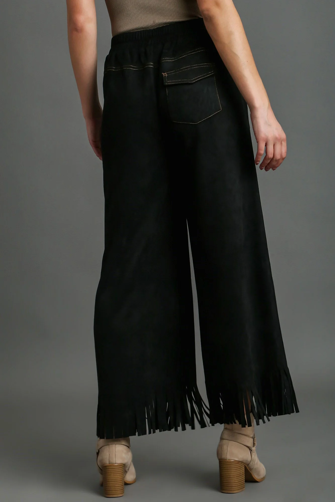 Umgee Full Size Suede Fringe Hem Wide Leg Pants Plus Size - Image 3