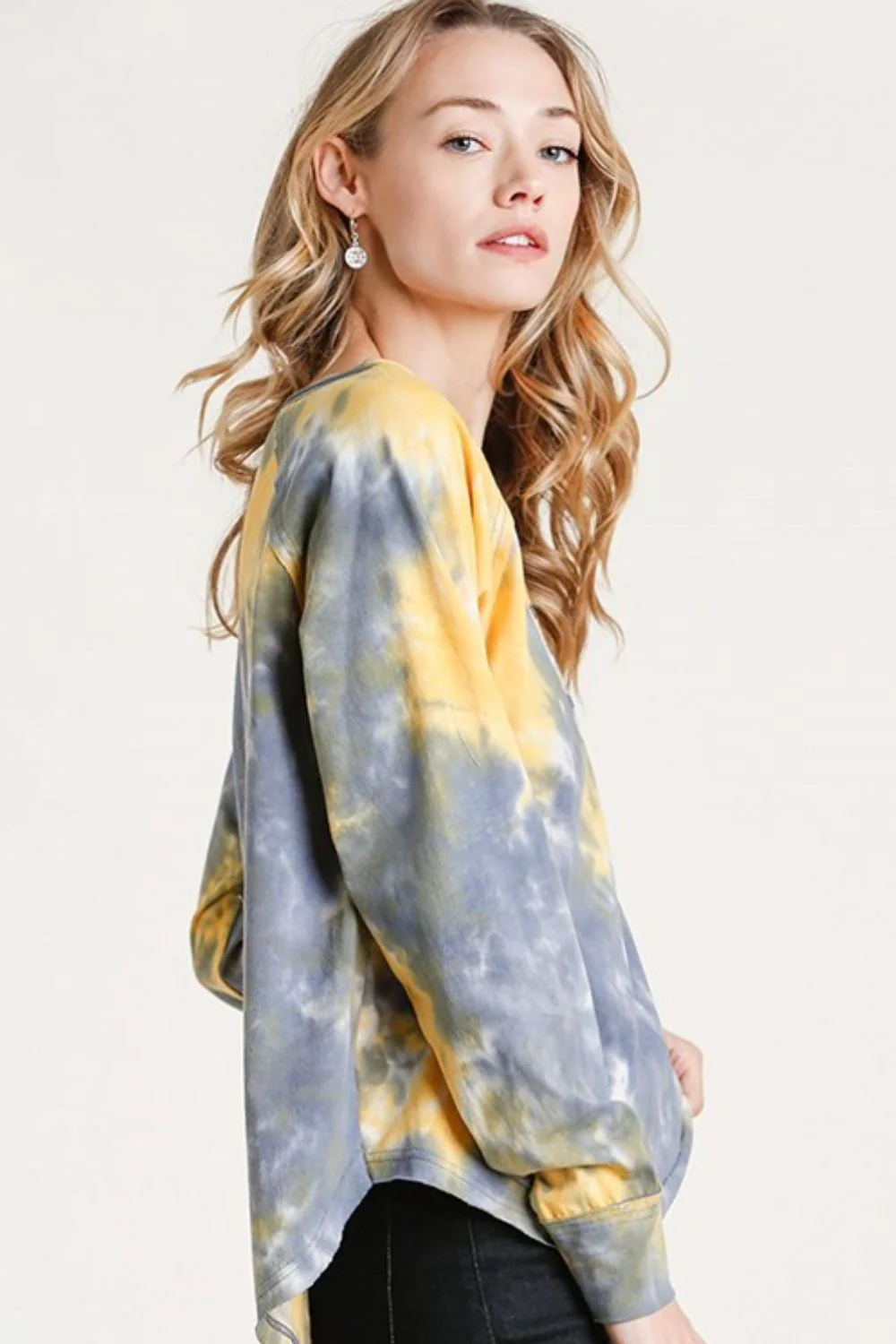 Umgee Full Size Tie Dye Button Front Long Raglan Sleeve Top Plus Size - Image 2