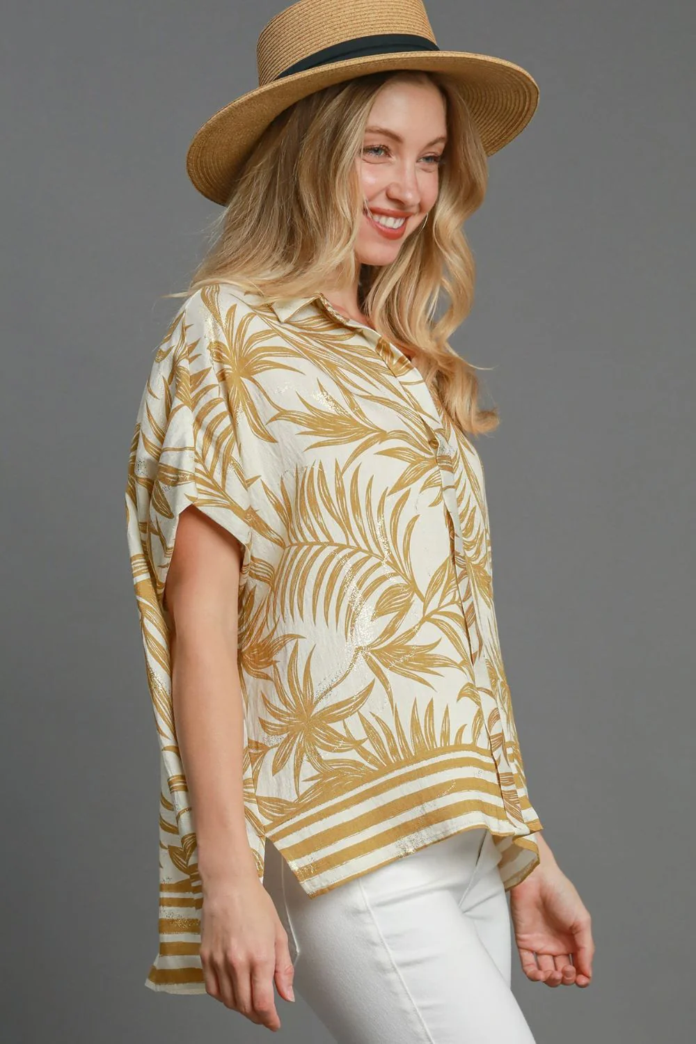 Umgee Full Size Tropical Print Button Down Shirt Plus Size - Image 3