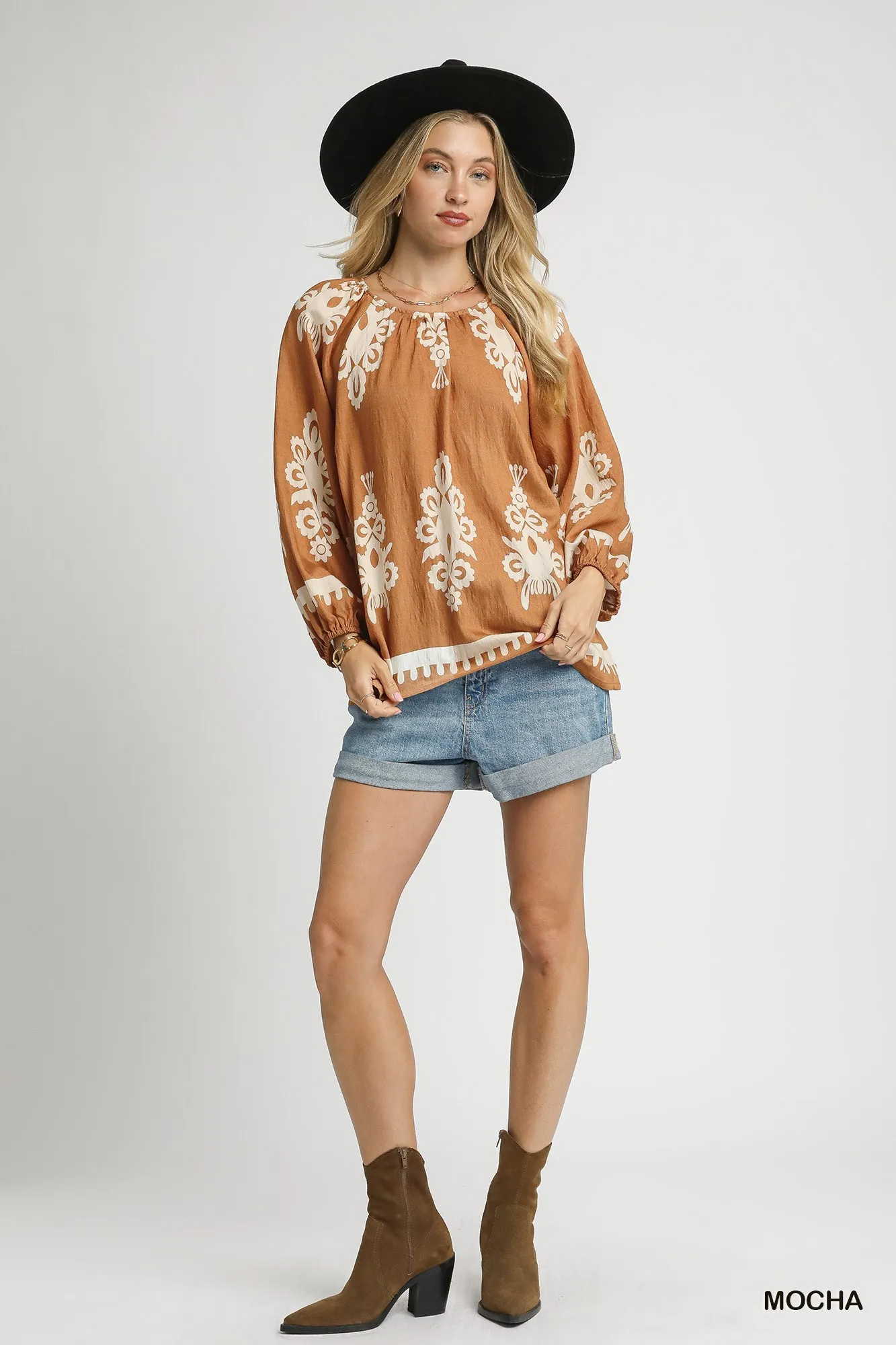 Umgee Full Size Two Tone Border Print Top with Balloon Sleeves Plus Size - Image 2