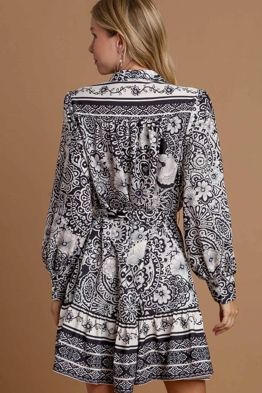 Umgee Full Size Two Tone Floral Border Print Tie Waist Mini Dress Plus Size - Image 4