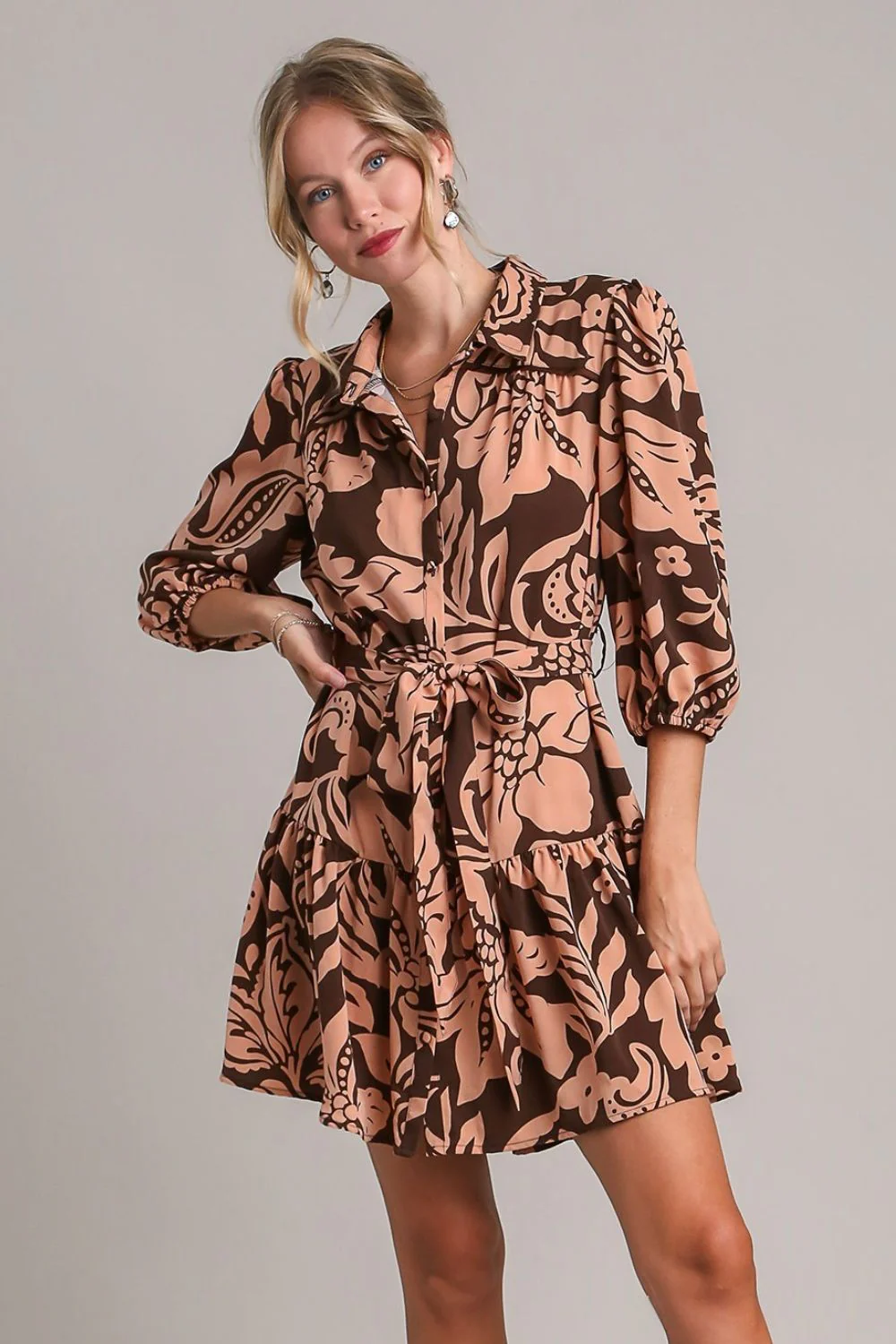 Umgee Full Size Two Tone Floral Print Puff Sleeve Tie Waist Dress Plus Size - Image 2
