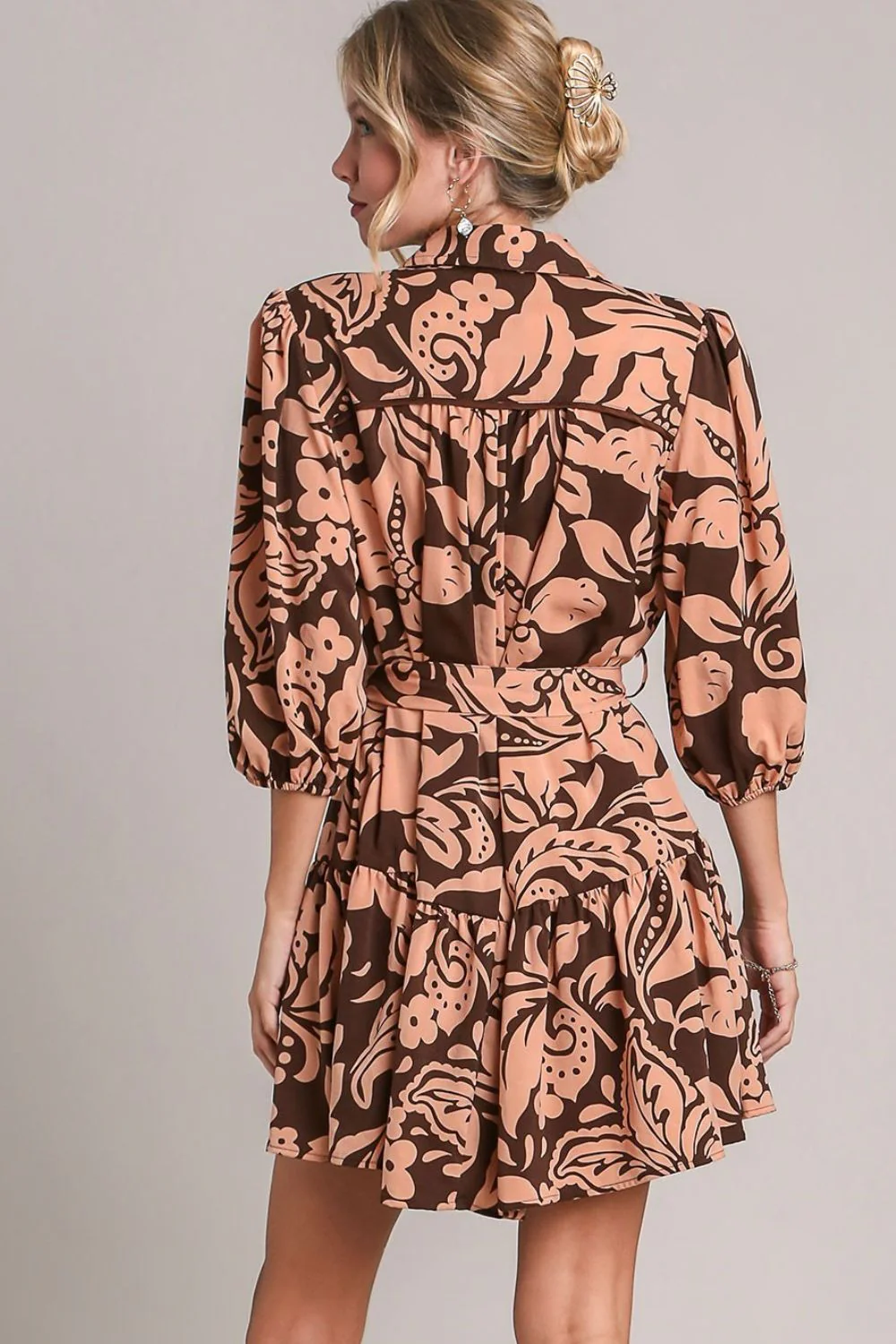 Umgee Full Size Two Tone Floral Print Puff Sleeve Tie Waist Dress Plus Size - Image 4