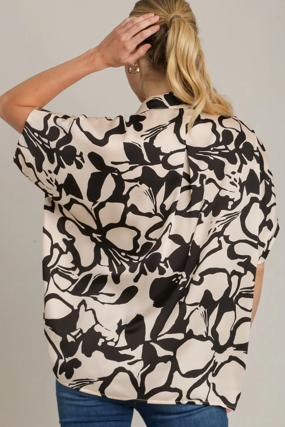 Umgee Full Size Two Tone Print Button Down Top with Hidden Plackets Plus Size - Image 3