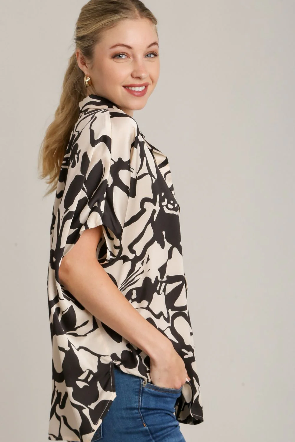 Umgee Full Size Two Tone Print Button Down Top with Hidden Plackets Plus Size - Image 4