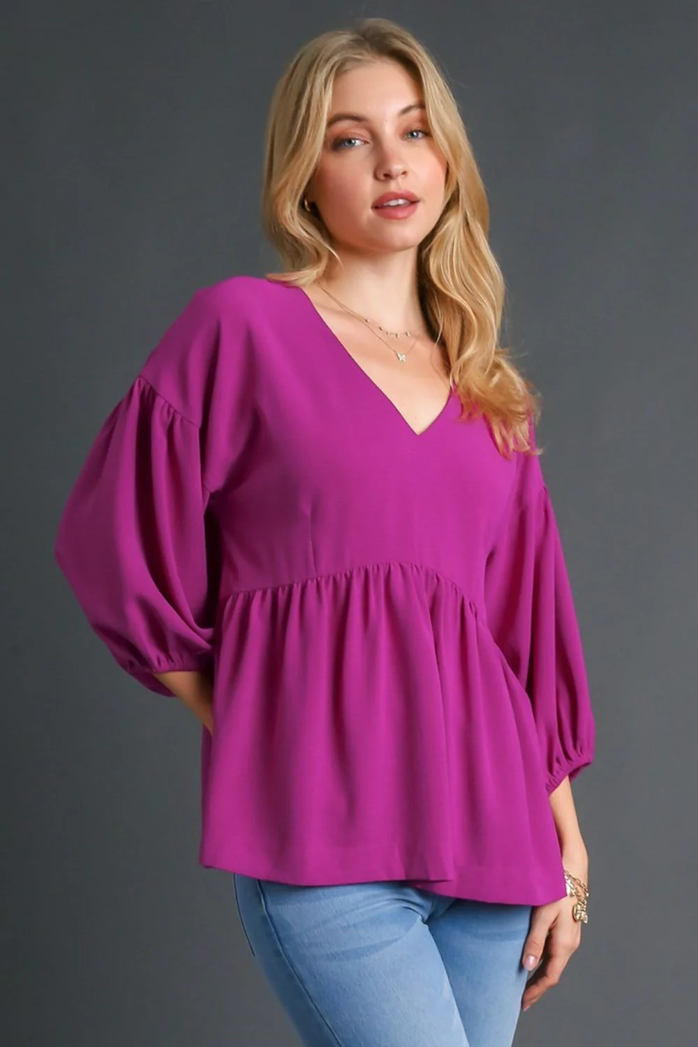 Umgee Full Size V-Neck Puffed 3/4 Sleeve Babydoll Blouse Plus Size - Image 2