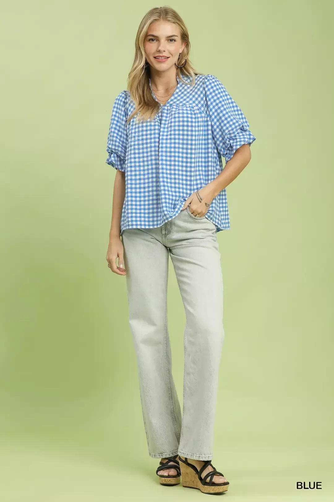 Umgee Gingham Check Blouse with Ruffle Sleeves - Image 5