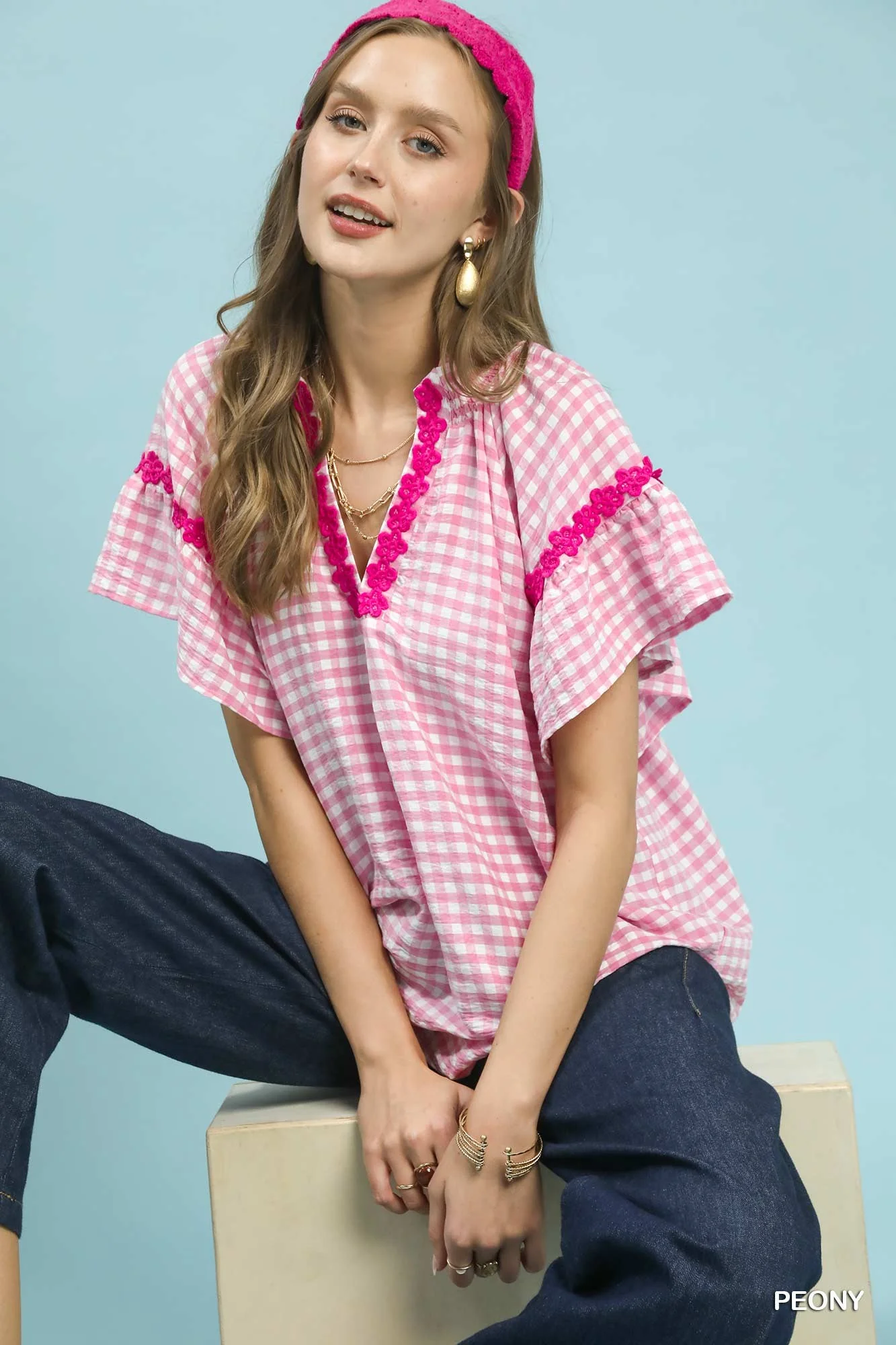 Umgee Gingham Lace Trim Top - Image 2