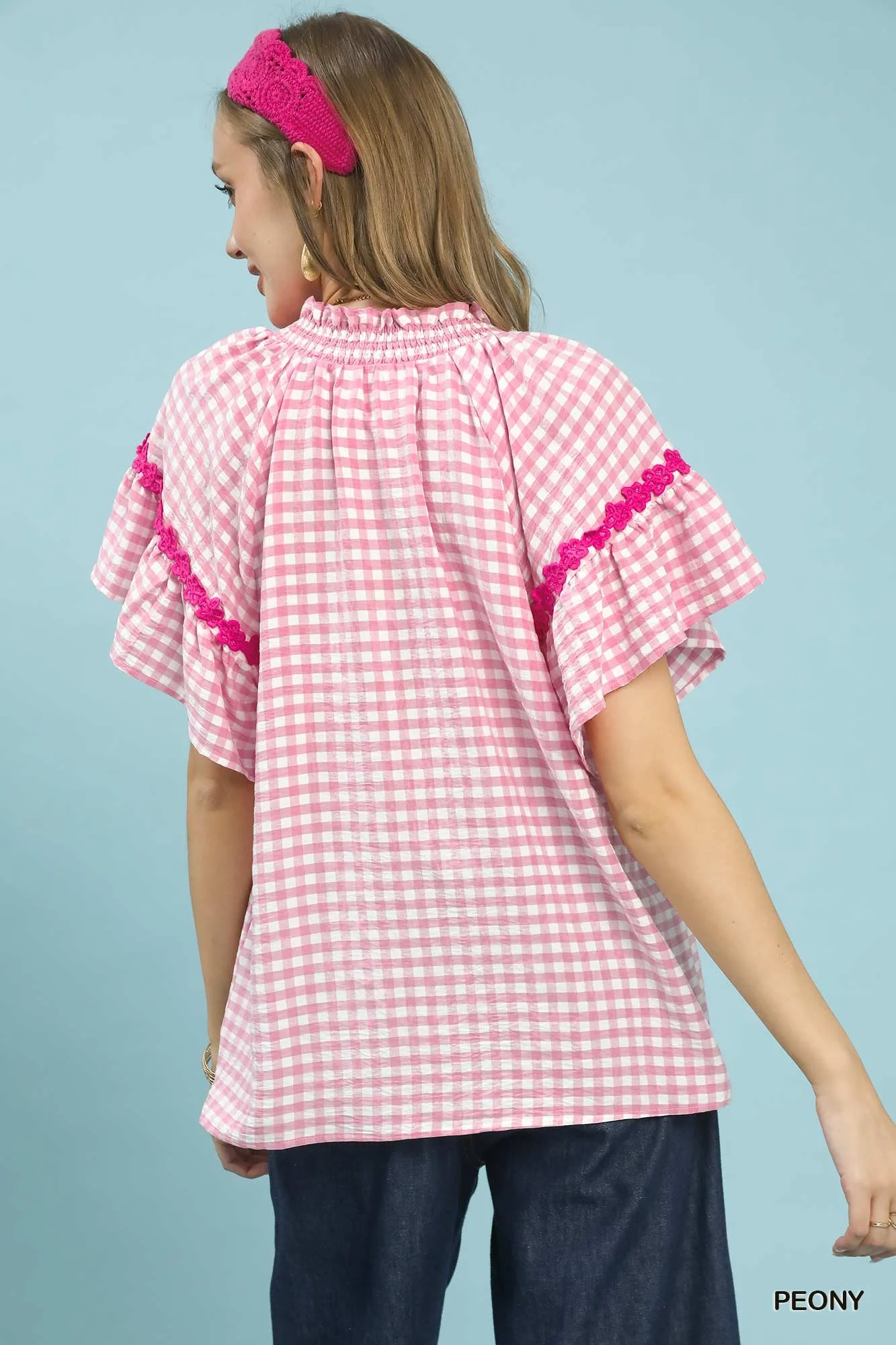 Umgee Gingham Lace Trim Top - Image 3