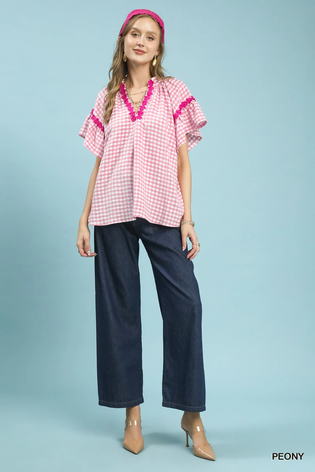 Umgee Gingham Lace Trim Top - Image 4
