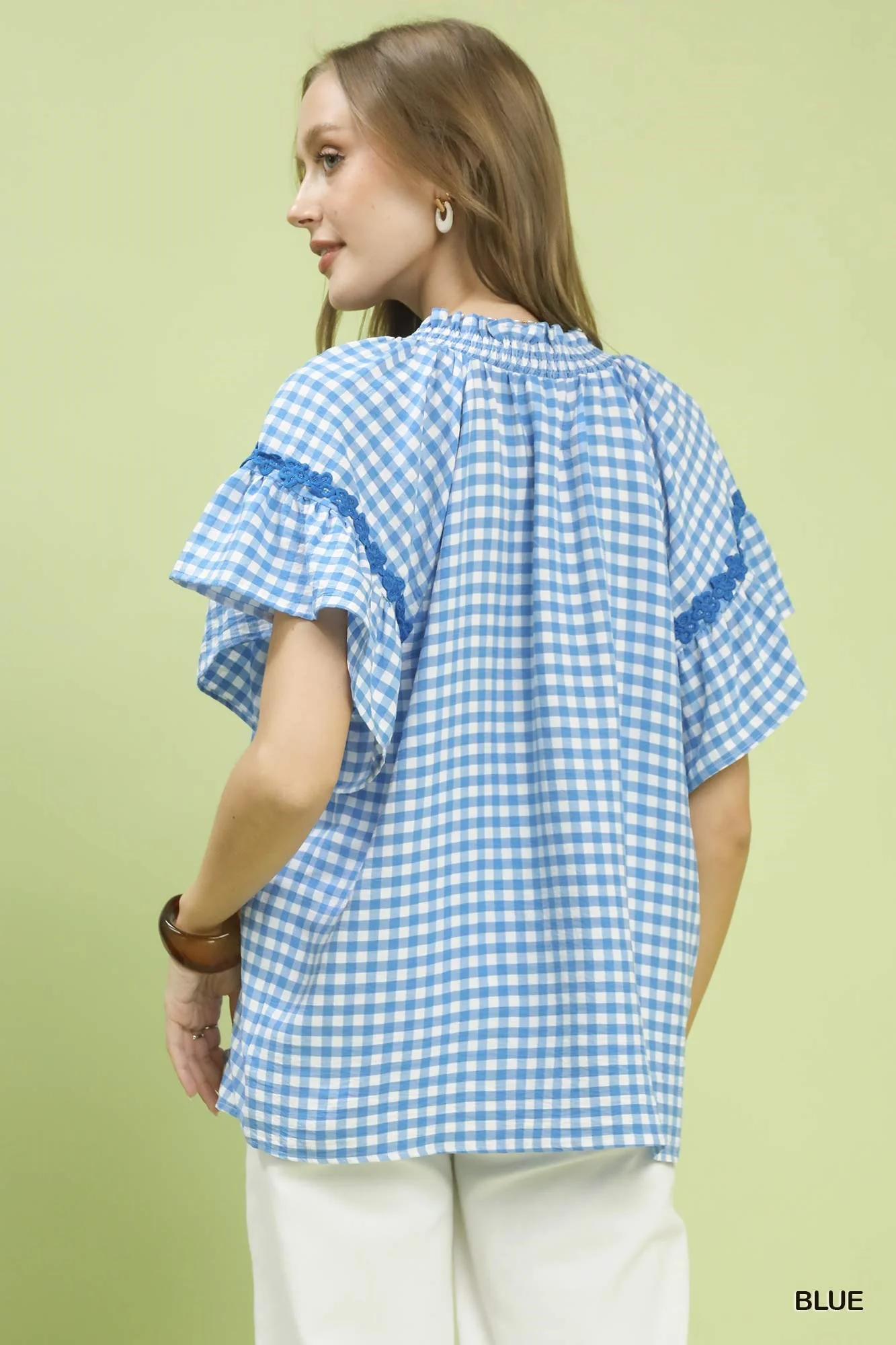 Umgee Gingham Lace Trim Top - Image 3