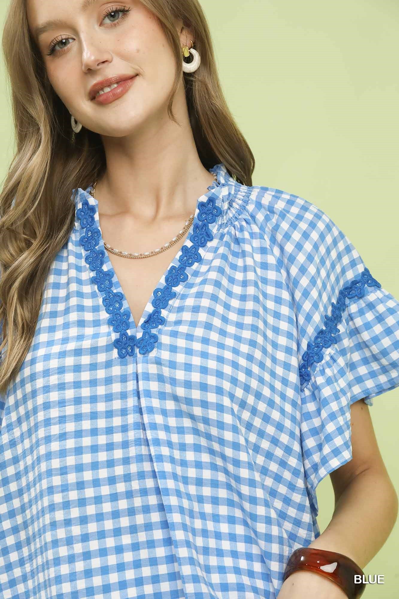 Umgee Gingham Lace Trim Top - Image 4