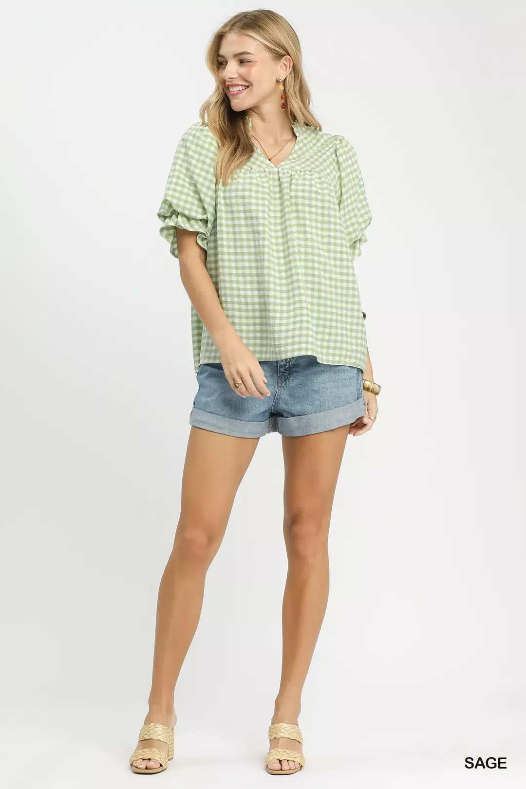Umgee Gingham Puff Sleeve Babydoll Blouse - Image 4