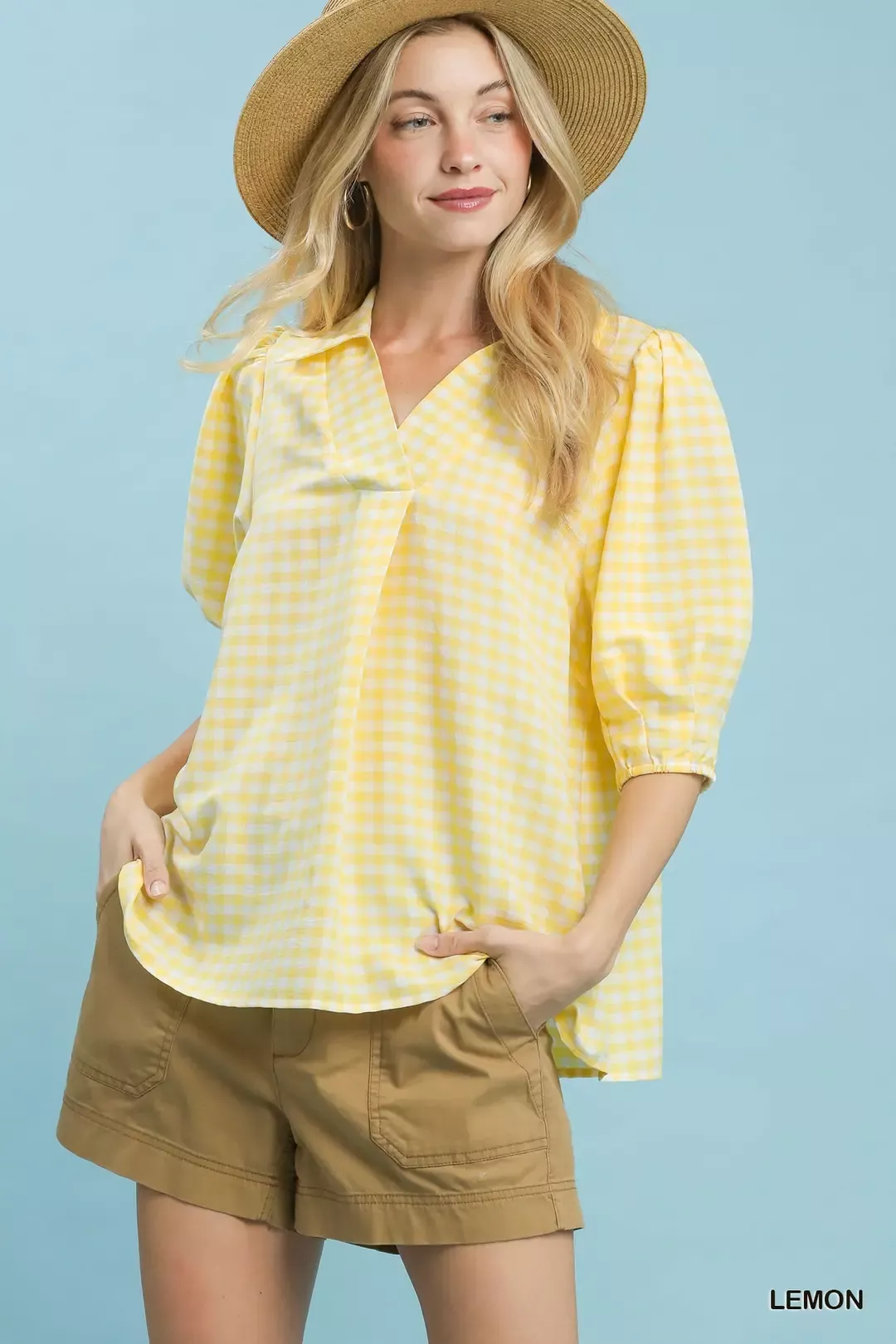Umgee Gingham Puff Sleeve Collared Blouse - Image 2