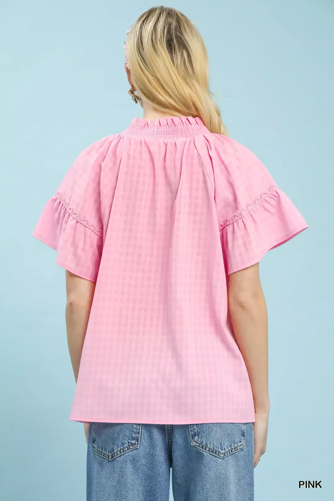 Umgee Gingham Puff Sleeve Top with Lace Trim - Image 2