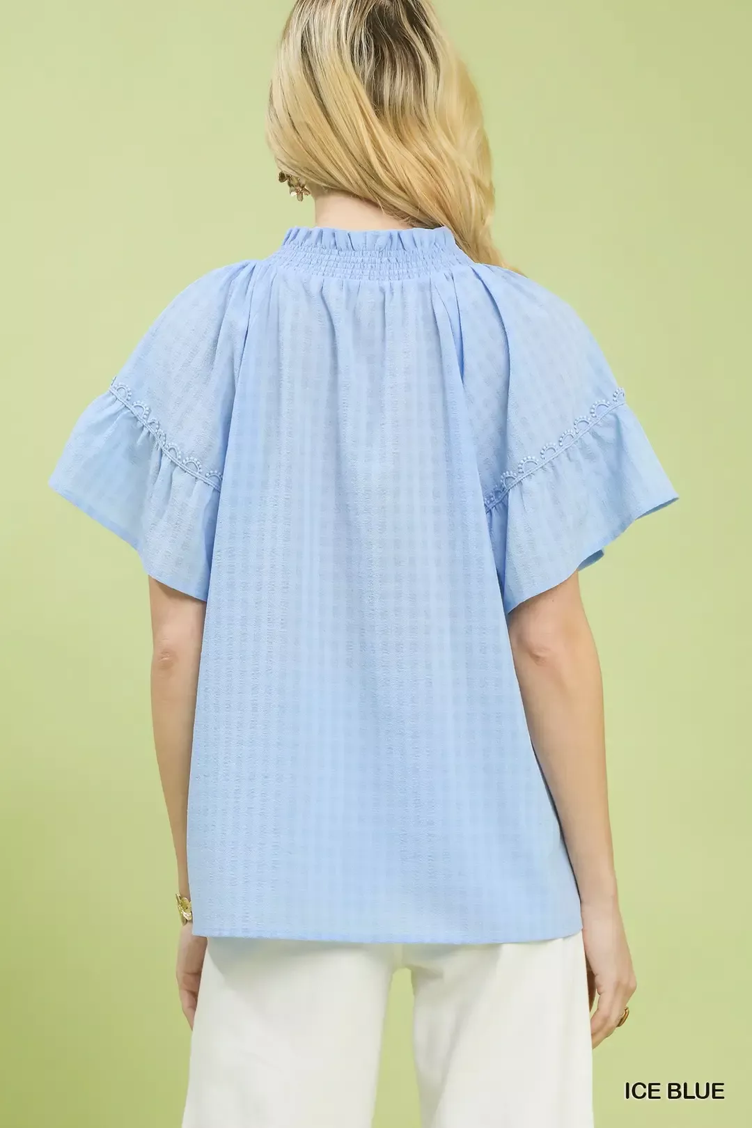 Umgee Gingham Puff Sleeve Top with Lace Trim - Image 3