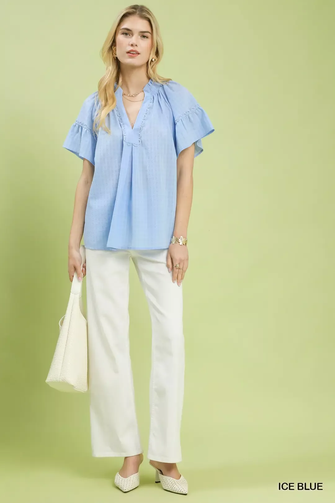Umgee Gingham Puff Sleeve Top with Lace Trim - Image 4