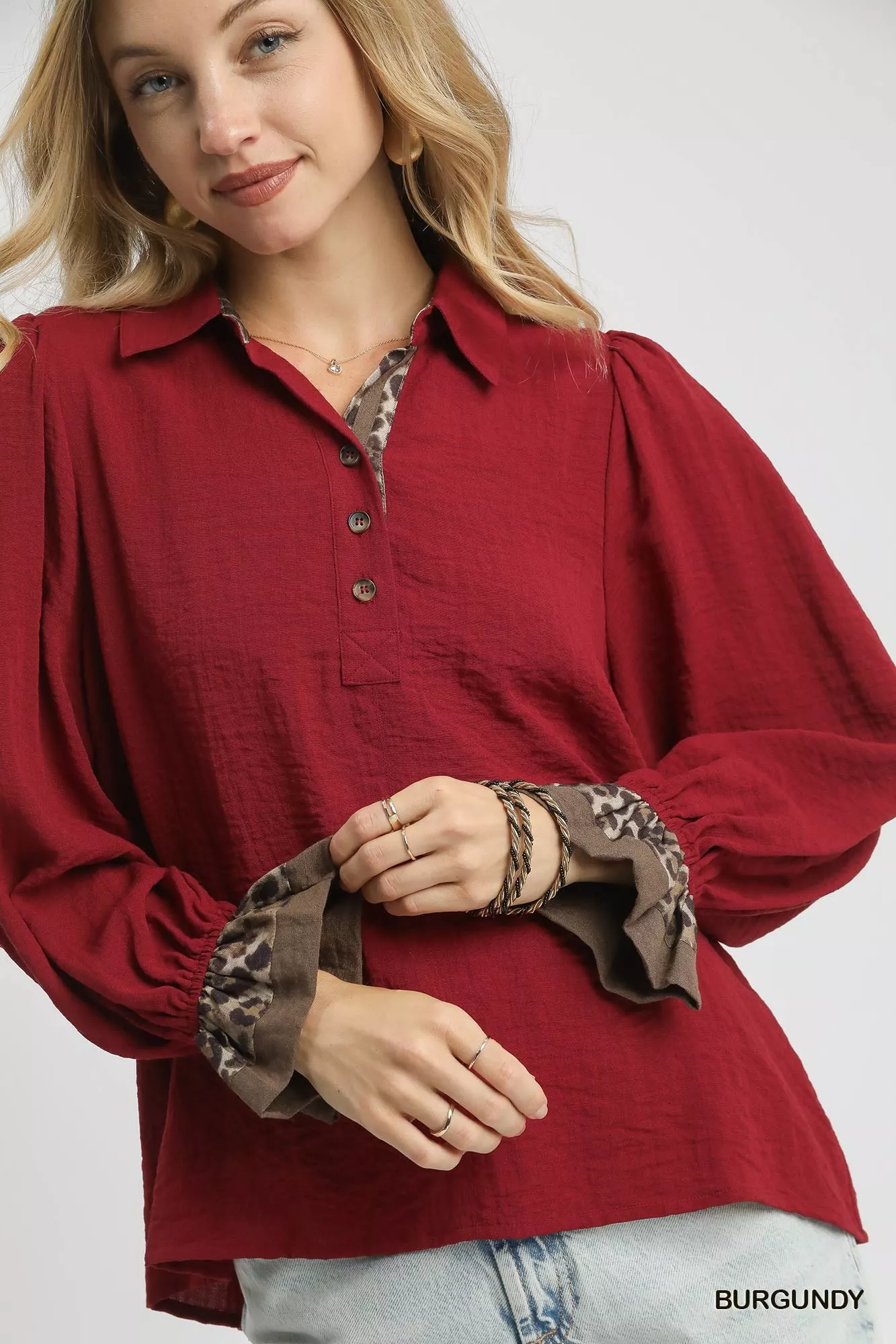 Umgee Half Button Blouse with Leopard Print Trim - Image 5