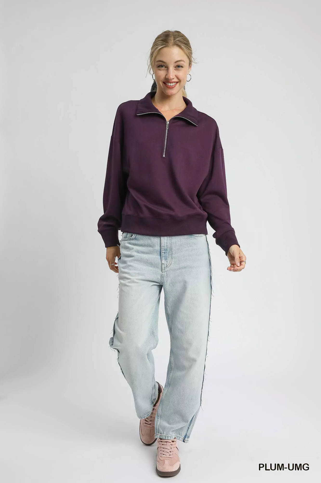 Umgee Half Zip Drop Shoulder Sweatshirt - Image 2
