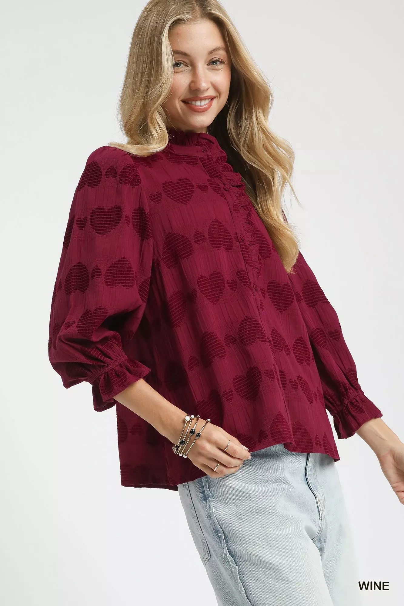 Umgee Heart Jacquard Ruffle Trim Shirt - Image 2