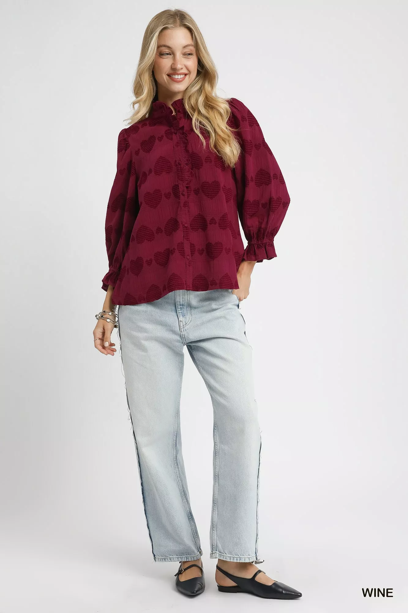 Umgee Heart Jacquard Ruffle Trim Shirt - Image 4