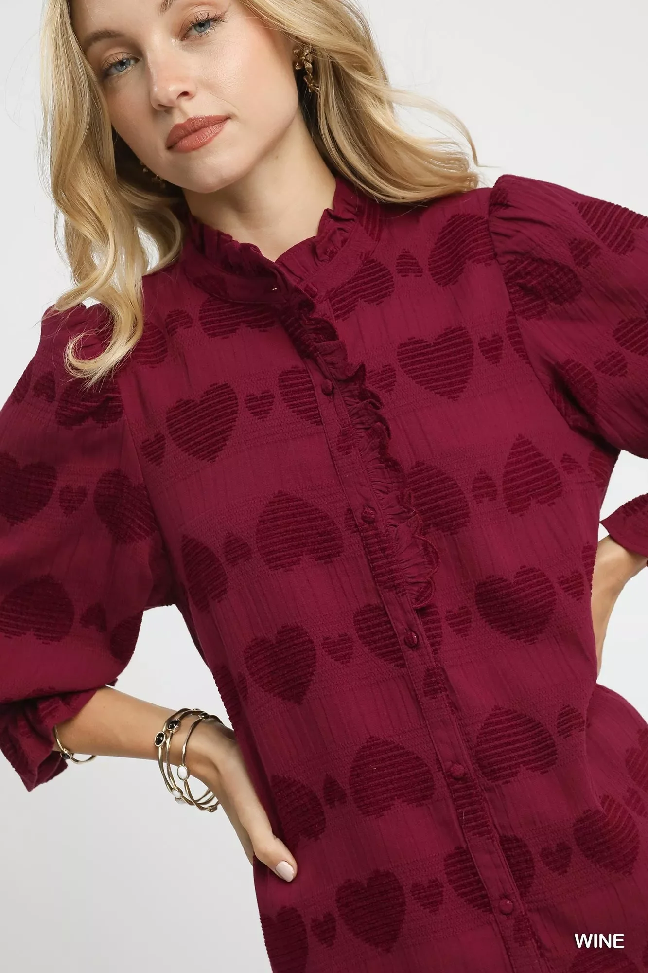 Umgee Heart Jacquard Ruffle Trim Shirt - Image 5