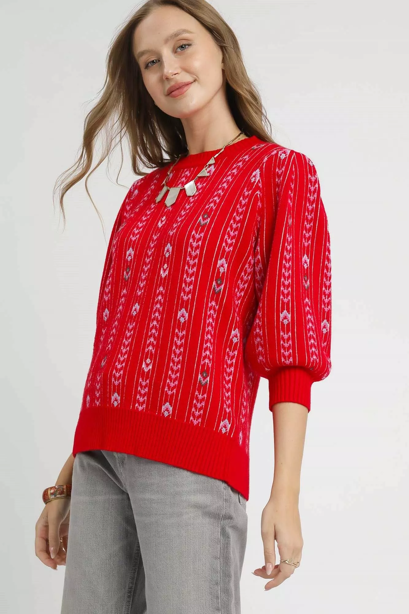 Umgee Jacquard Knit Puff Sleeve Sweater - Image 2