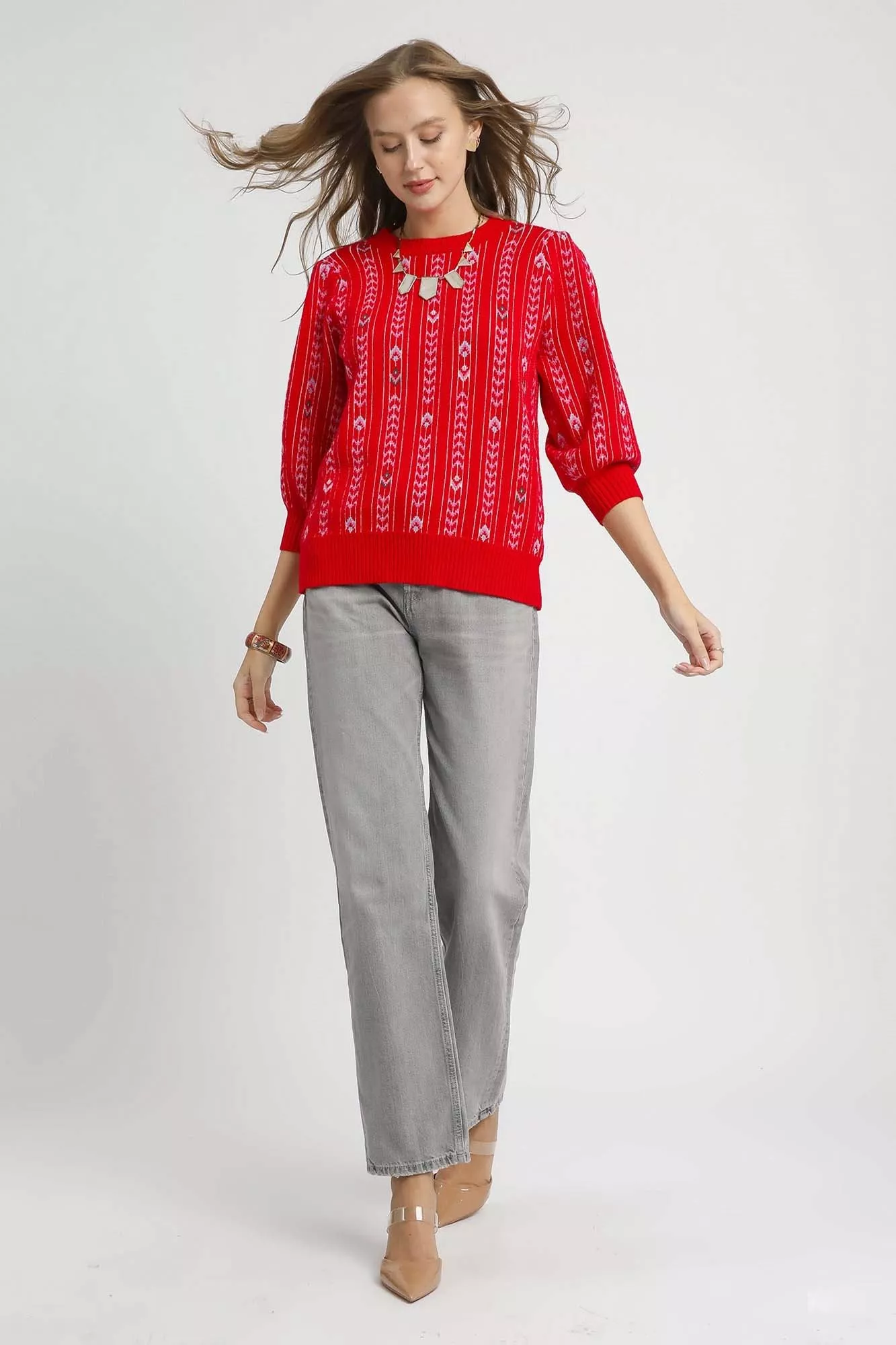 Umgee Jacquard Knit Puff Sleeve Sweater - Image 4