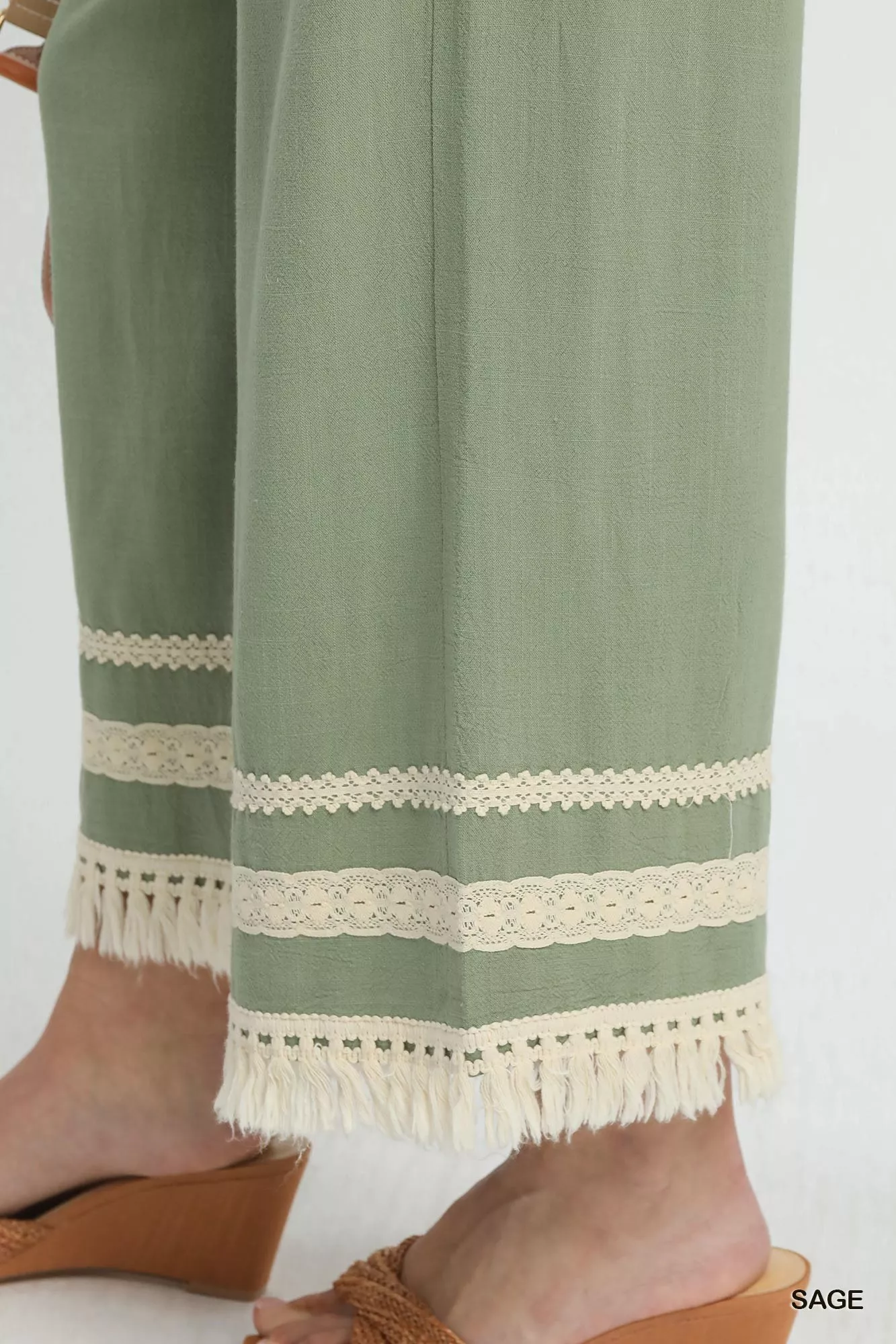 Umgee Lace Trim Fringe Hem Wide Leg Pants - Image 4