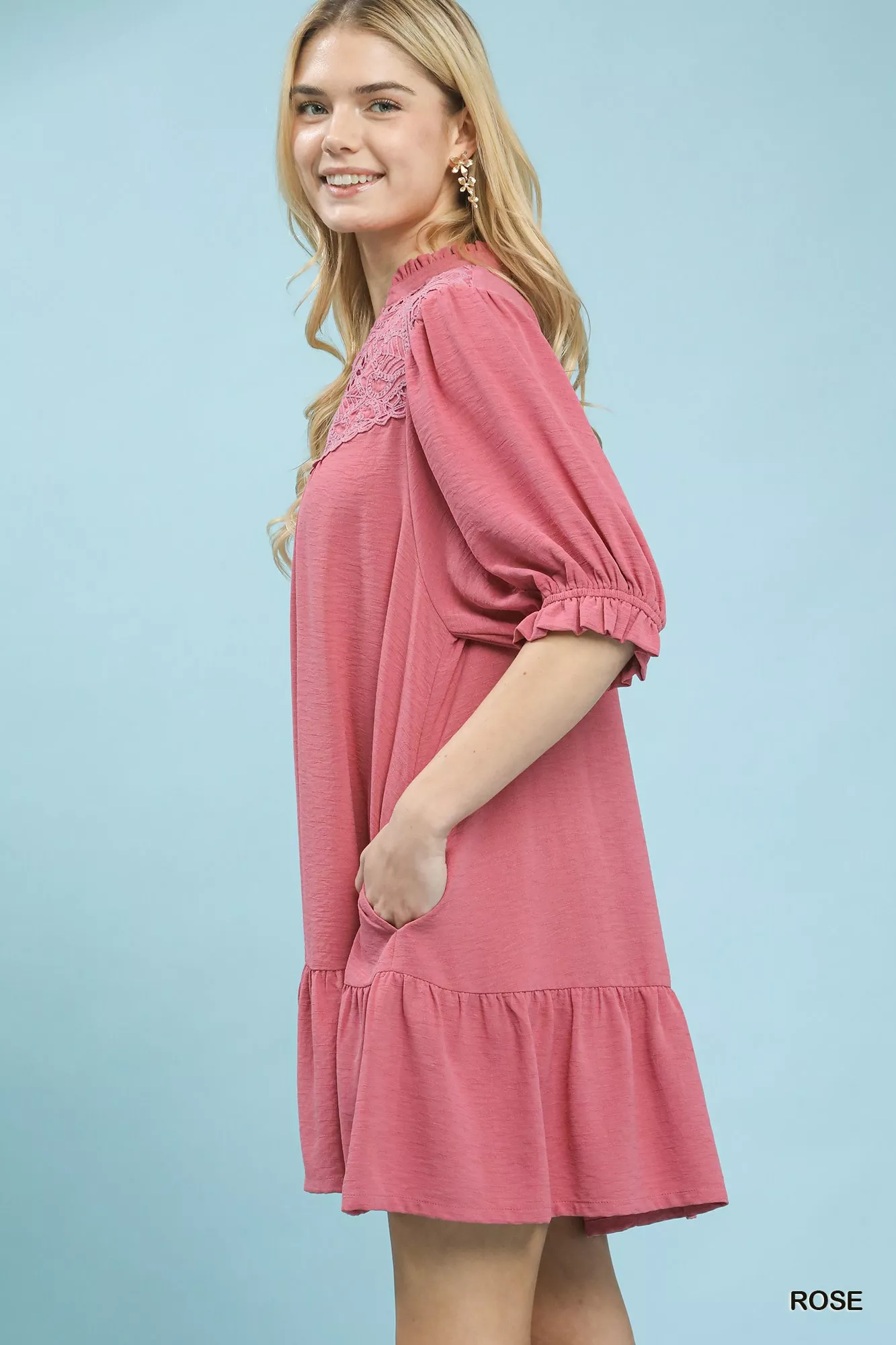 Umgee Lace Yoke Tiered Mini Dress - Image 2