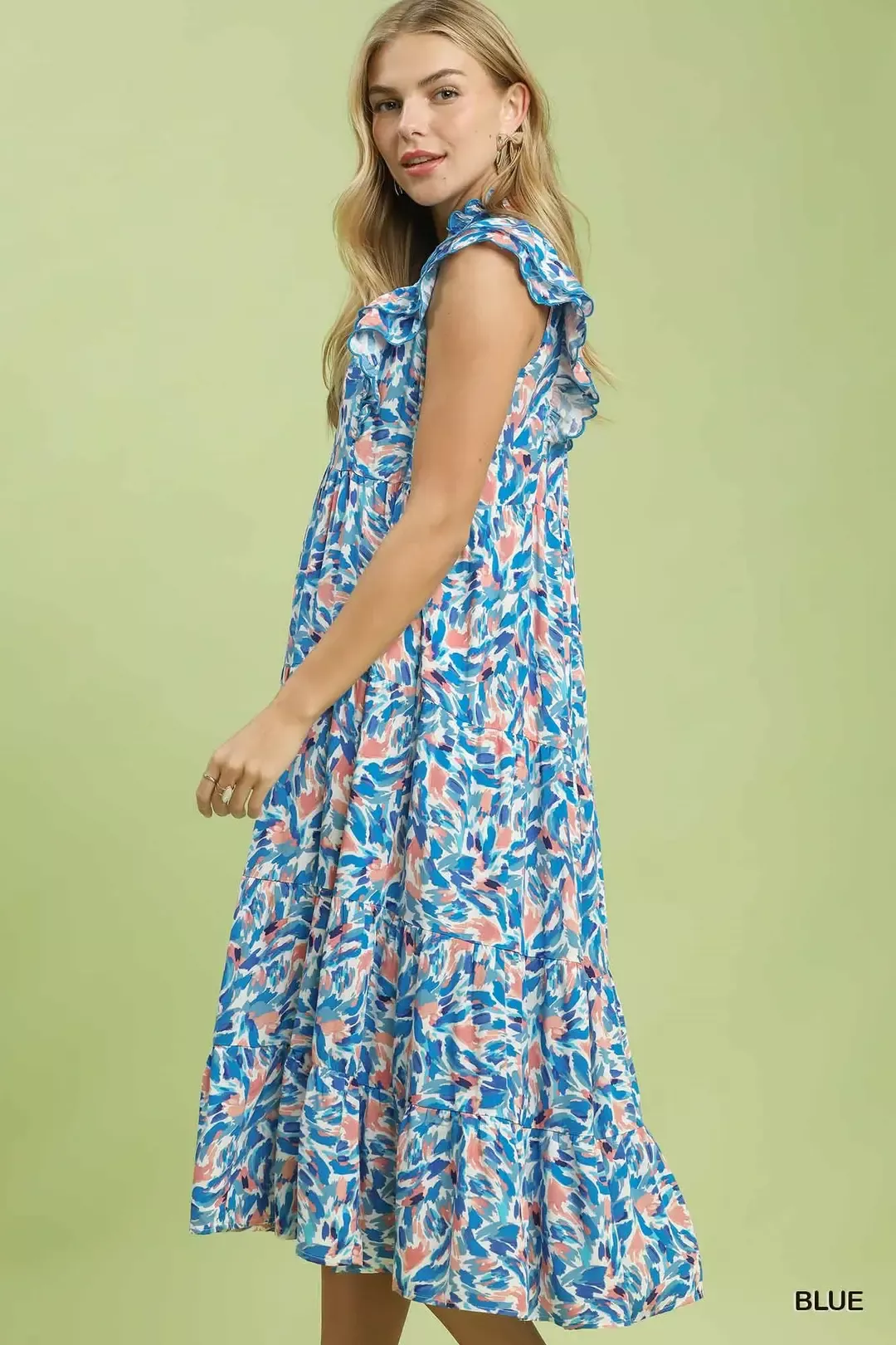 Umgee Leaf Print Midi Tiered Dress with Side Pockets - Image 2