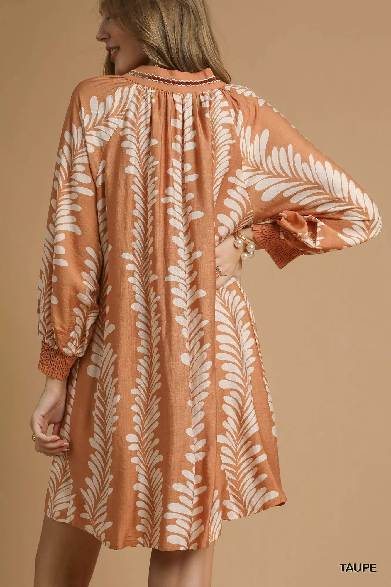 Umgee Leaf Print Notched Mini Babydoll Dress - Image 2