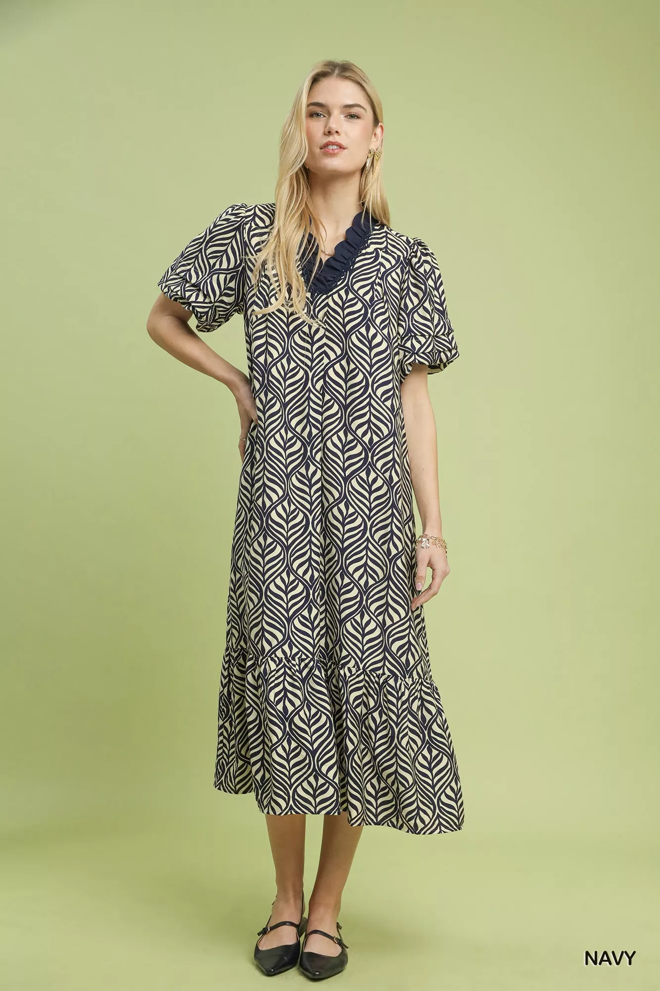 Umgee Leaf Print Ruffle Neck Midi Dress - Image 5