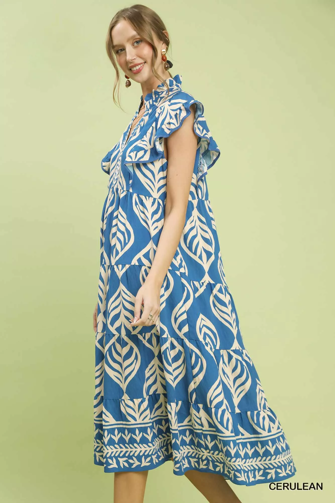 Umgee Leaf Print Tiered Midi Dress with Pockets - Image 2