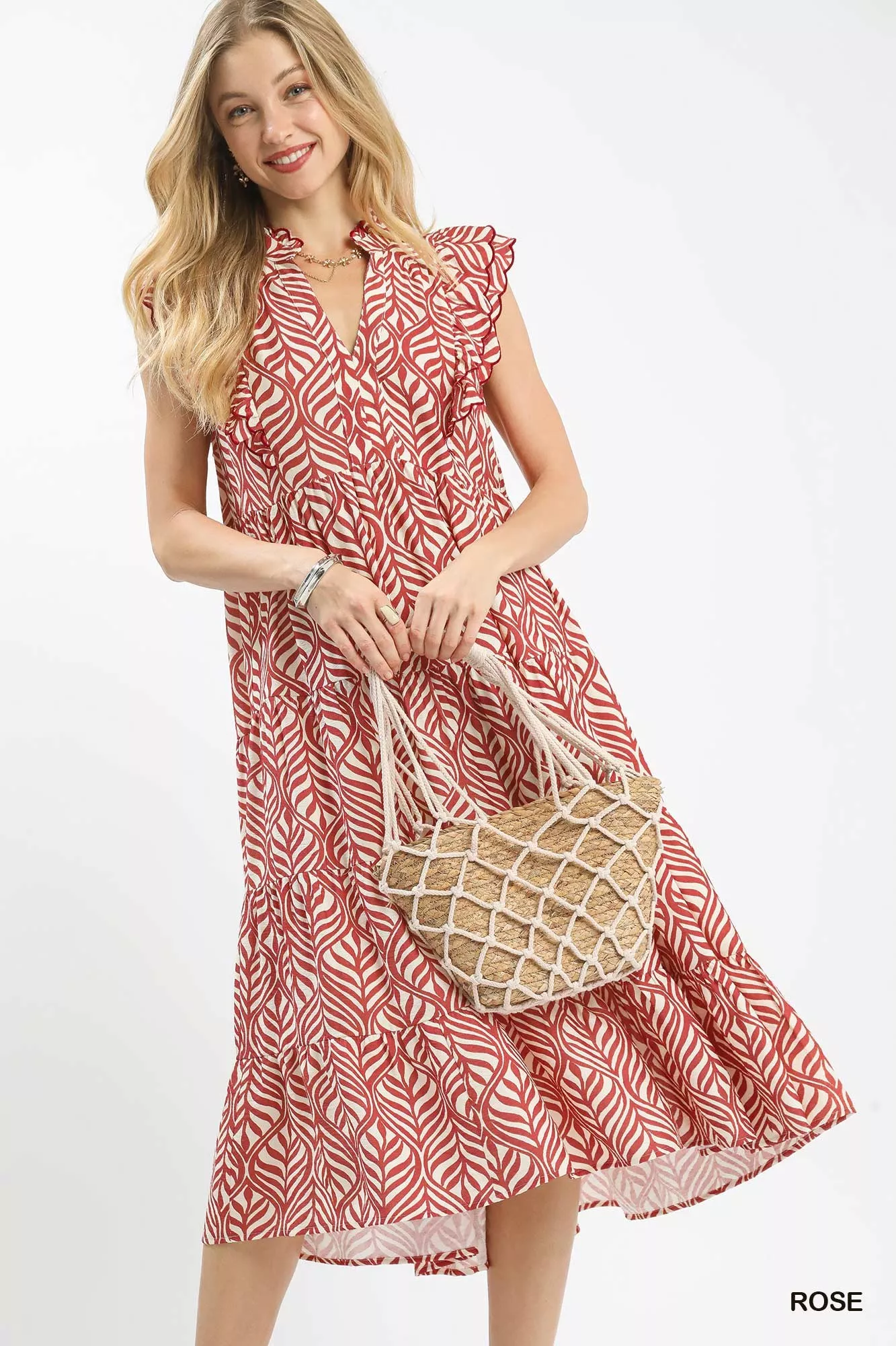 Umgee Leaf Print Tiered Midi Dress with Ruffle Detail